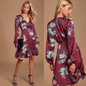 Lulu’s Love is Life Wine Red Floral Print Satin Wrap Dress size L